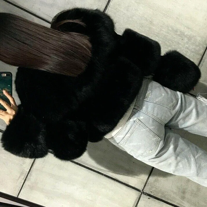 Black Imitation Leather Fox Fur Jacket Short Women 2023 Winter Outwear Thick Warm Faux Fox Fur Coats Plus Size Fluffy Overcoats