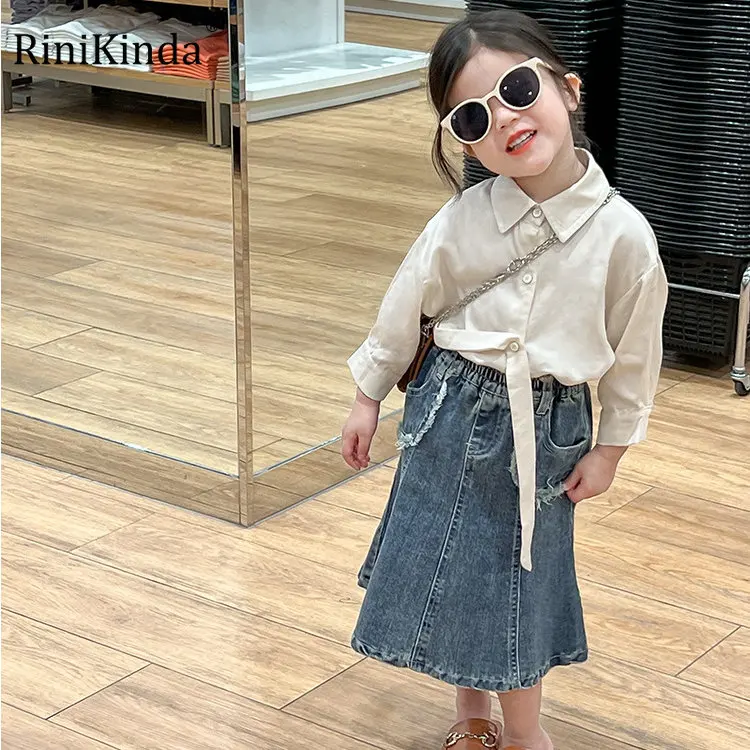 

2023 Spring Summer Korean Kid Girls Set Children Clothing Solid Long Sleeve Tops Dmin Skirts 2pcs Clothes Girl Suits