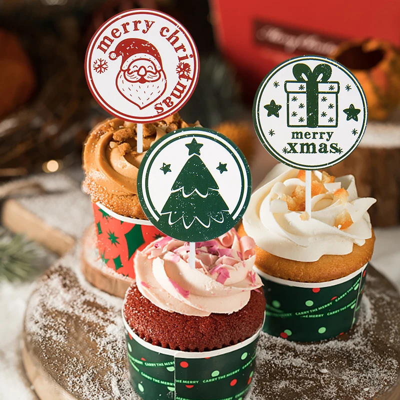 

Christmas Paper Cupcake Toppers Cartoon Santa Claus Snowman Elk Cake Topper Wrapper Xmas New Year Birthday Party Baking Supplies