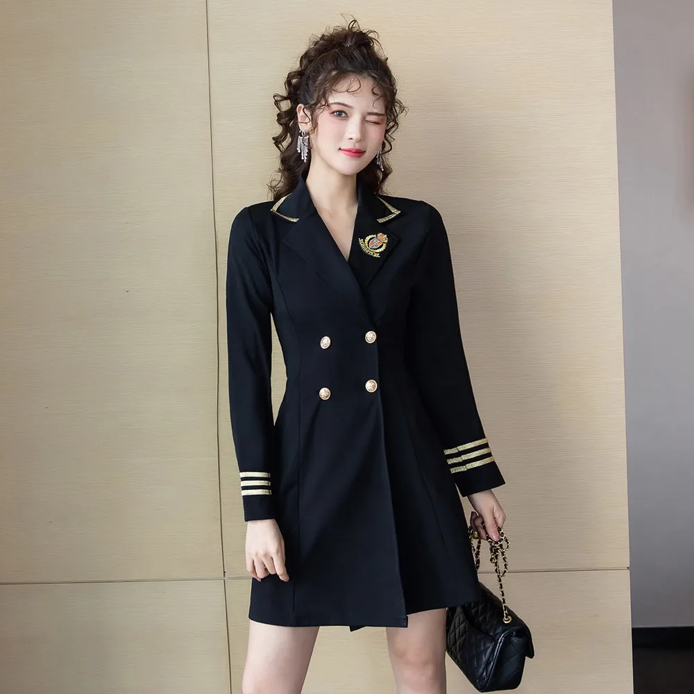 Black Uniform Style Blazer Women Dresses Double Breasted Slim Waist Long Sleeve Casual Suit Woman Plus Size Embroidery Blazers