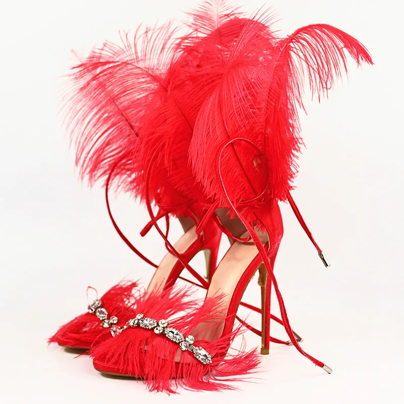 

Jiovodo Sexy Crystal Tassels Feather Decor Women Sandals Ankle Tied Cover Heel Stilettos Runway Design High Heels Party Shoes