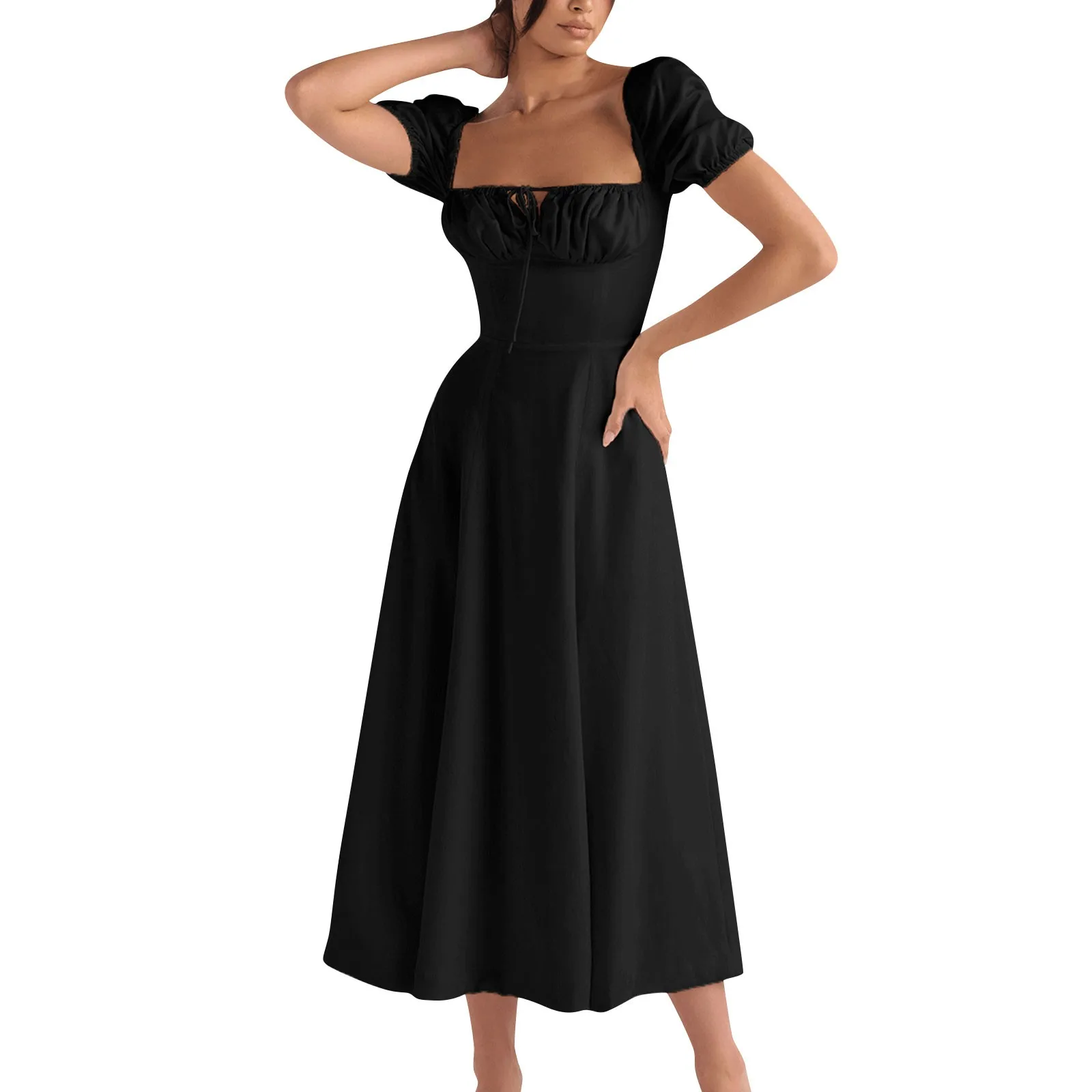 Женское весенне-летнее модное нежное платье средней длины с коротким рукавом