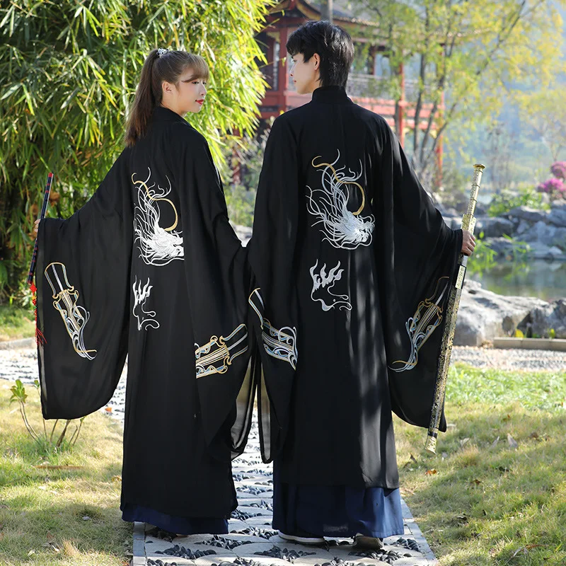 

Original Black Hanfu Handsome Male Women Couple Big-sleeved Kimono Dragon Embroidery Chinese Style Hanfu Suit Warrior Costume