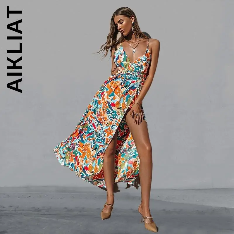 

Aikliat Dress New Women Slim High waist lace up split maxi dresses Soft Elegant Outfits Holiday Cheap Woman Clothes Female