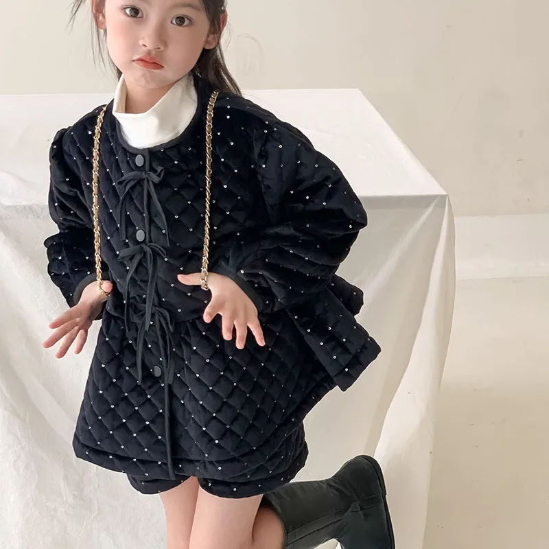 

Хлопковый костюм для девочек, новинка зимы 2023, Детский вельветовый пиджак с блестками и шорты, комплект из двух предметов 4-88