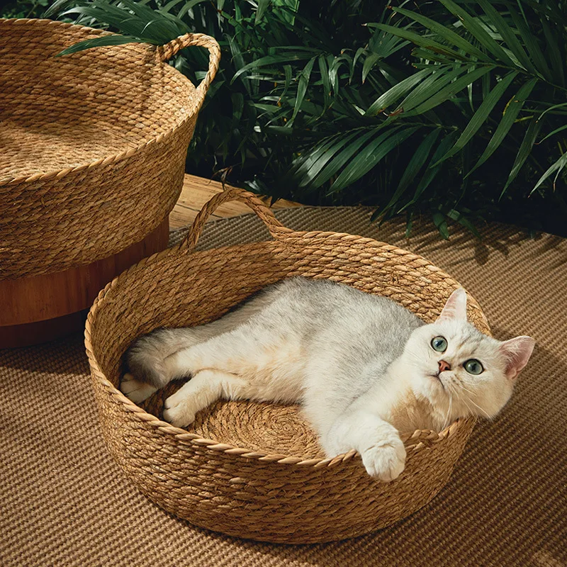 

Pet Cat Bed Litter Hand Woven Rattan Cat Scratching Mat Round Cat Bed Summer Cool Basket Nest Pet Sleeping Bed Small Kitten Dog