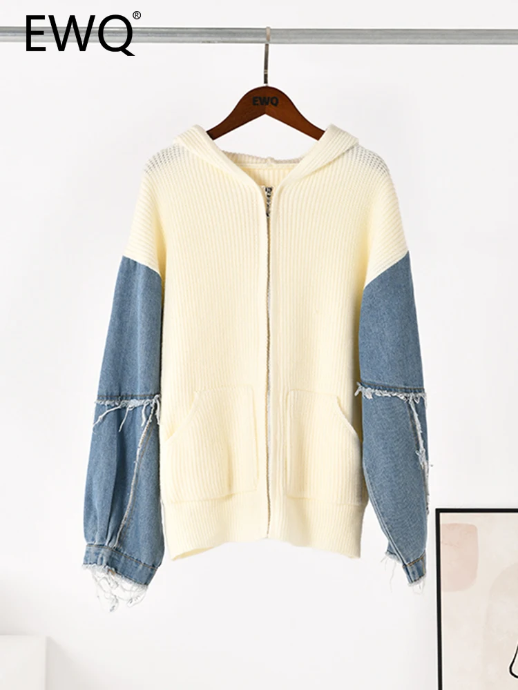 

EWQ Fashion Denim Long Sleeve Patchwork Sweater Cardigan Tops Women Casual Hooded Zippers Femal Knitting Coat 2023 Autumn New