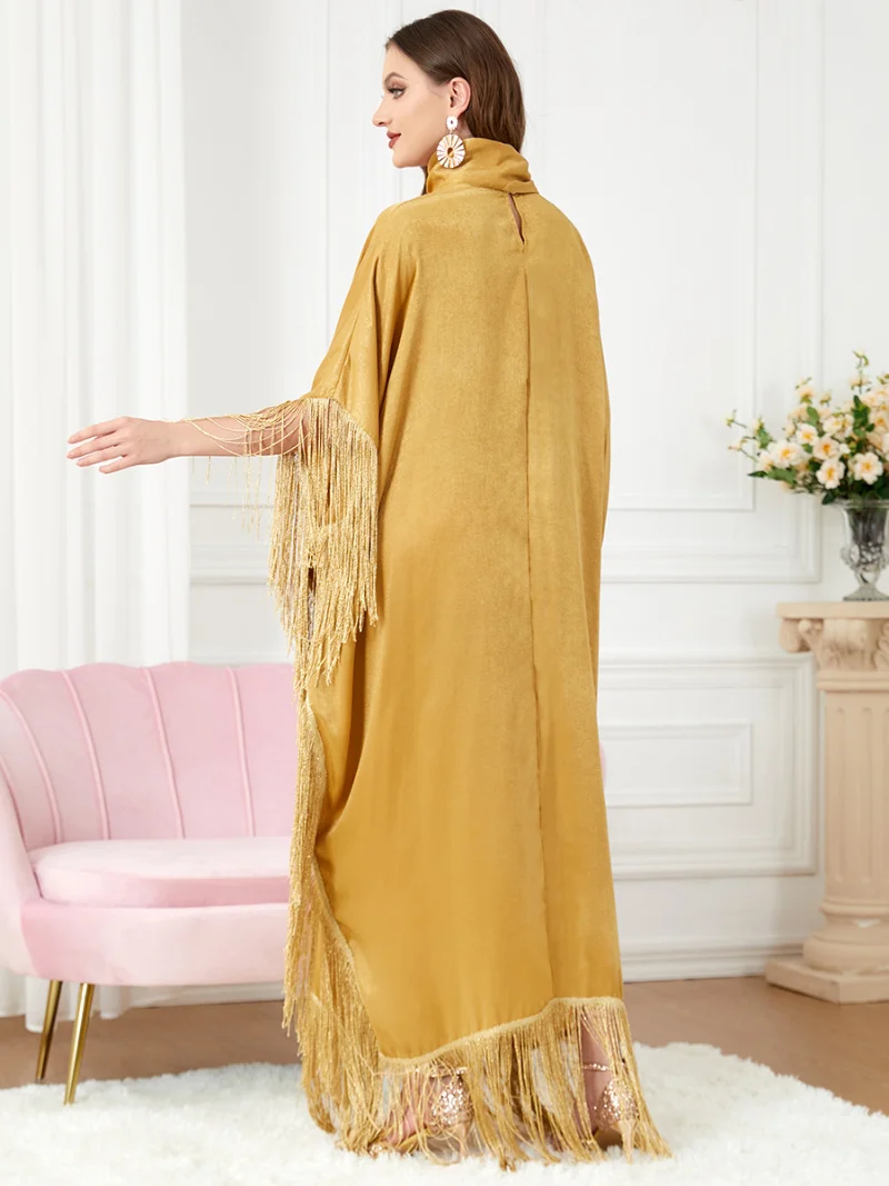 Fringe Kaftan Moroccan Batwing Caftan for Women Soft Satin Patchwork Scarf Batwing Muslim Long Dress Dubai Turkish Modest Abayas