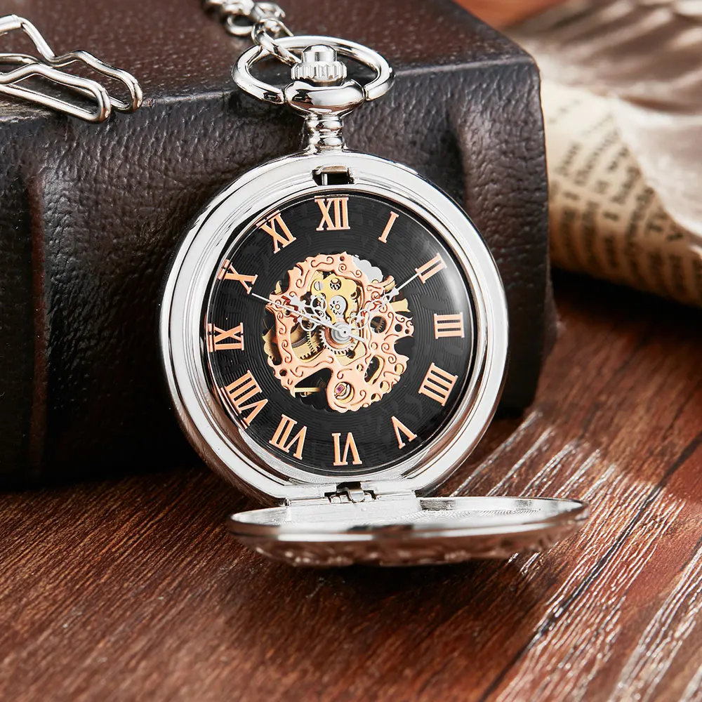 Vintage Silver Switzerland Red Cross Mechanical Pocket Watch Edelweiss Sculpture Hollow Skeleton Mechanical Pocket Watch Chains