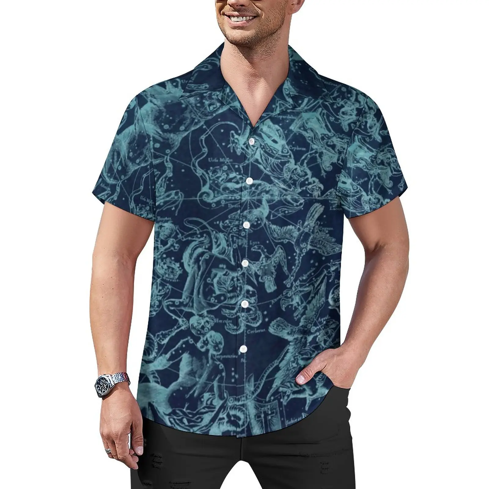 

Винтажная пляжная рубашка с картой, Гавайские повседневные рубашки с созвездиями, астрологическими знаками, блузки Y2K с коротким рукавом, Графические Топы