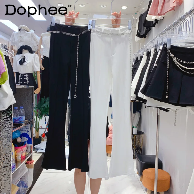 

2022 Spring New Korean Style Ladies Chain Belt Decorative Casual Pants Women High Waist Slim Straight Slit Black Suit Pants Tide