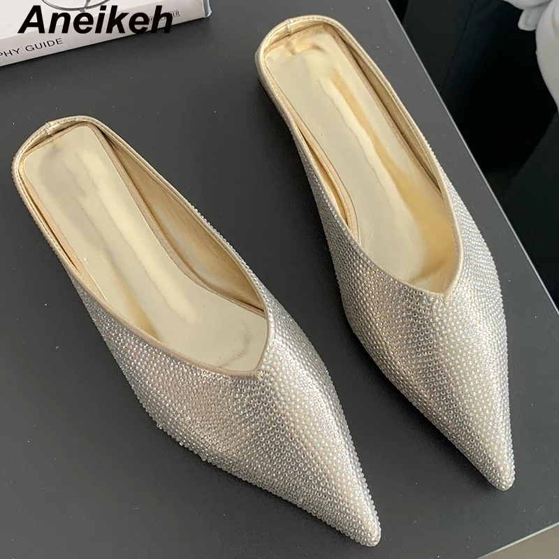 

Aneikeh 2024, Весенняя мода, женская обувь с неглубоким острым носком, квадратной искусственной кожей, без шнуровки, украшение из стразов, женские туфли-лодочки
