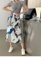 long skirt womens retro oil painting skirt womens 2022 summer thin side slits high waist thin print a line skirt
