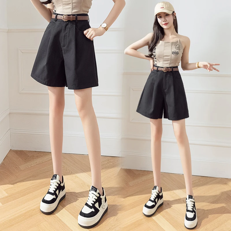 Women Shorts 2023 Summer New Cargo Pants Shorts for Women OL Wide Leg Pants High Waisted A-line Shorts Belt Women Shorts Elegant