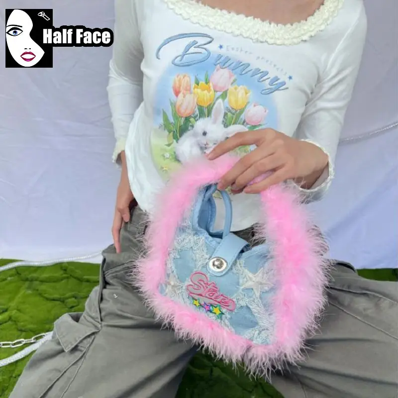 Y2K девушки Харадзюку Готическая женская розовая плюшевая Джинсовая сумочка в