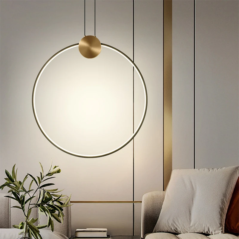 Minimalist Luxury Ring Bedside LED Small Chandelier Bedroom Lamp Lving Room Creative Hanging Line Adjustable Copper Lighting