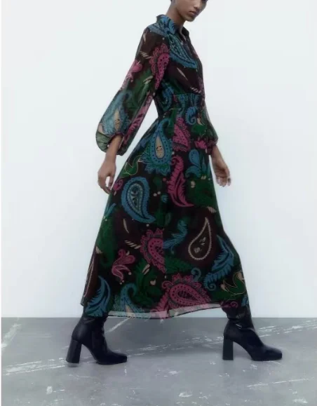 

Женское свободное платье с принтом, элегантное платье до середины икры с V-образным вырезом и длинным рукавом, модная Повседневная Длинная ю...