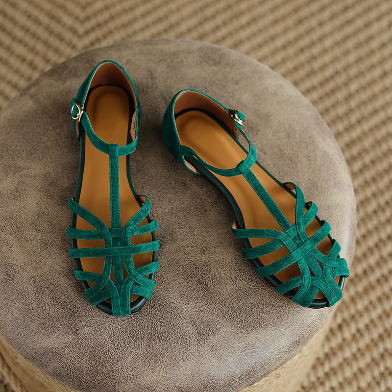 Roman Style Gladiator Shoes Kid Suede Summer Shoes With Closed Toe Buckle One Strap Women Flats For Spring Women Retro Sandals