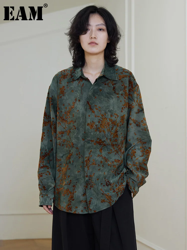 

[EAM] Women Green Big Size Thick Vintage Blouse New Lapel Long Sleeve Loose Fit Shirt Fashion Tide Spring Autumn 2023 1DH2555