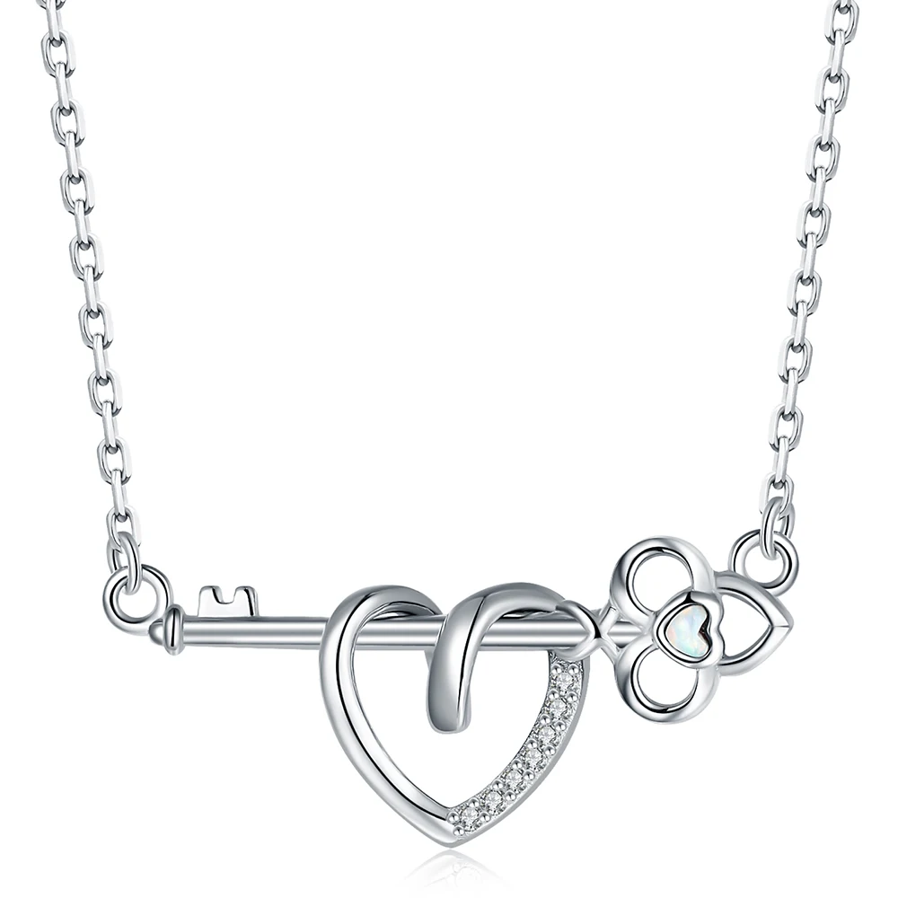

925-Sterling-Silver Opal Key and Heart Necklaces Sliding Float Love Heart Pendant Valentine's Mother Day Jewelry Gifts for Women