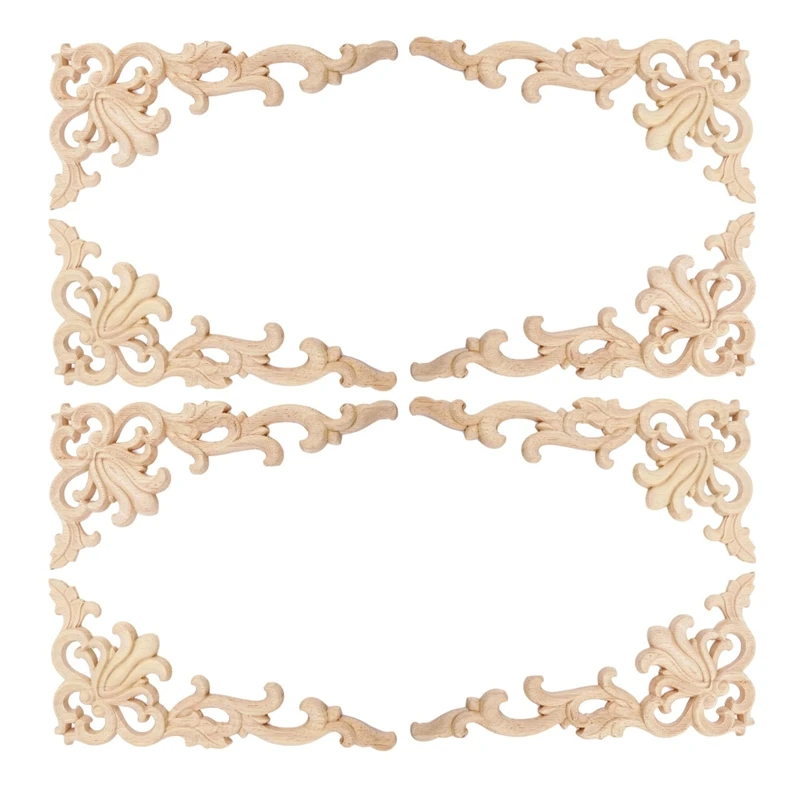 

8Pcs Wood Carved Corner Onlay Mouldings Applique Right+Left(Each 1Pcs) European Style Door Decoration Unpainted