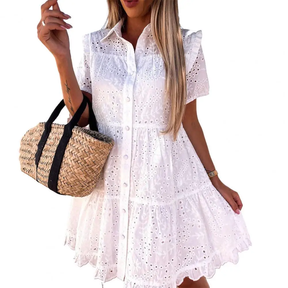 

Elegant White Women Dress Loose Hem Mini Dress Lace Embroidery Hollow Lace Shirt Dress платье женское летнее