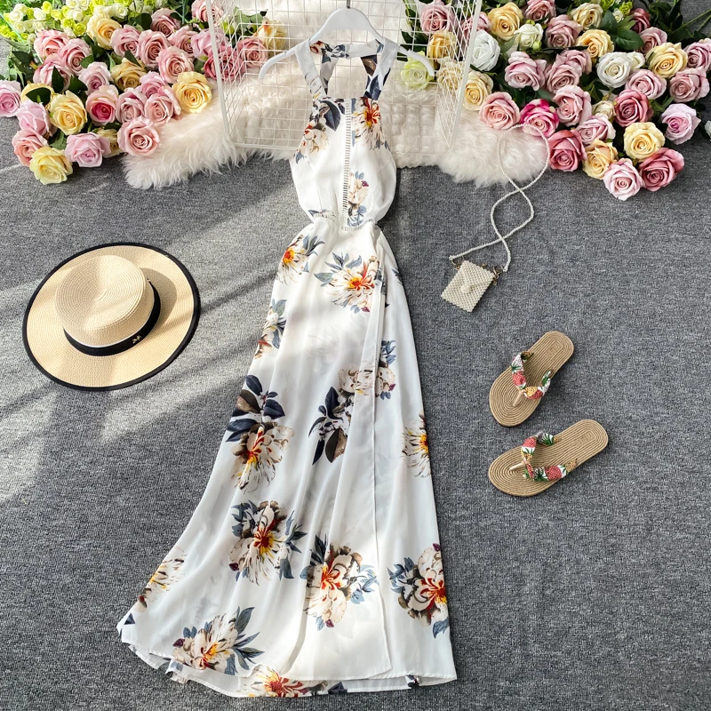 

Bohemian Summer Beach Women Halter Long Dress White Sexy Sleeveless High Waist White Chiffon Maxi Vestidos 2020 Robe