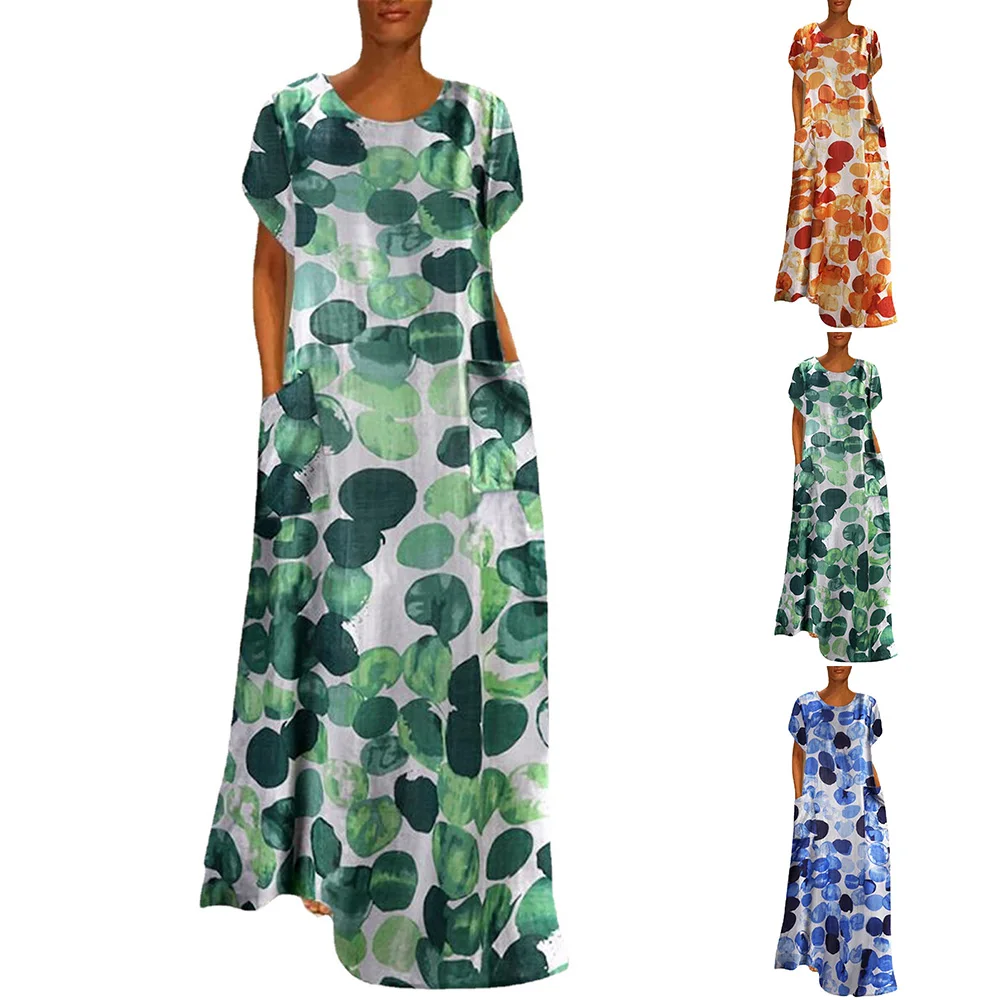 

Женские богемные платья, свободное летнее платье с коротким рукавом и круглым вырезом, Пляжная праздничная одежда с принтом в горошек, одеж...