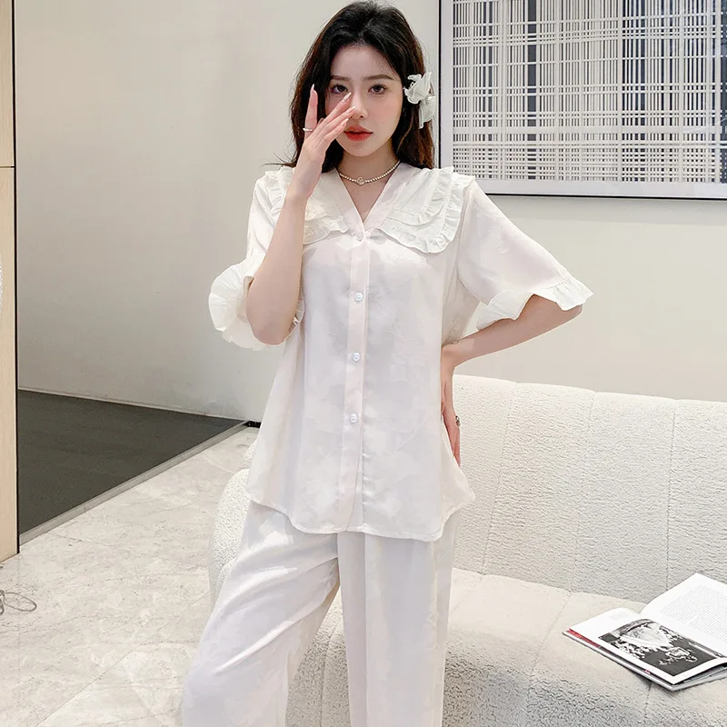 Pajamas for Women's Spring and Summer Thin Cool Short-sleeved Trousers Suit Breathable High-end Home Service Can Be Worn Outside