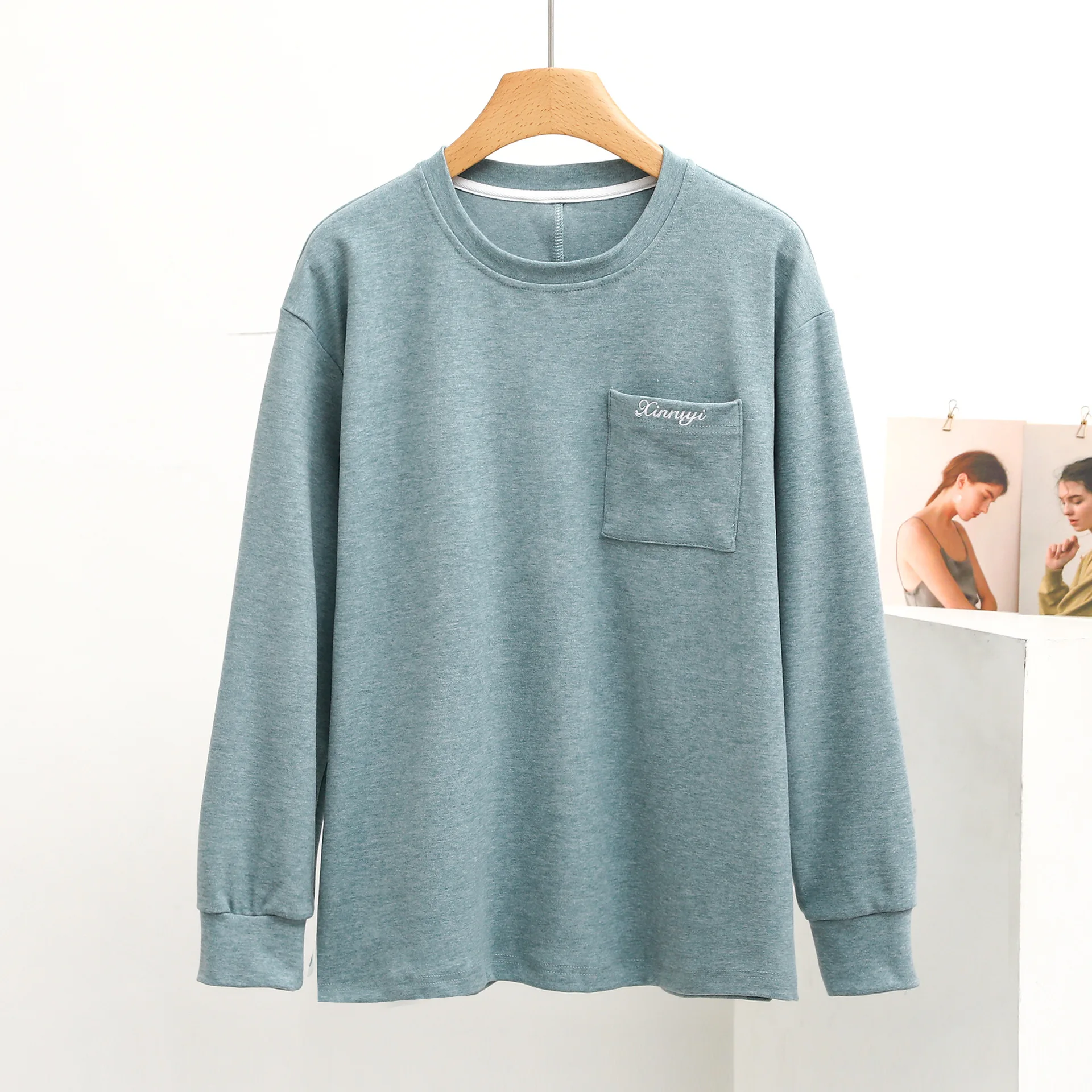 Women Loungewear Sweatshirt Pajamas Autumn Symphony Flat Velvet Round Neck Long Sleeve Pocket Fashion Thick One Piece Casual Top