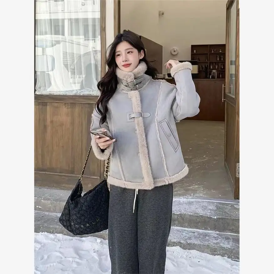 Haze Blue Lamb Wool Верхняя одежда Женская зимняя популярная высококачественная