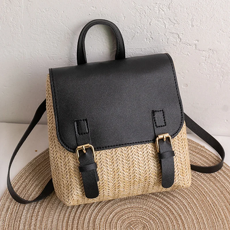 

Vintage Straw Backpack Women's Fashion Shoulder Bag Versatile Straw Woven PU Leather Elegant Luxury Designer Backpack