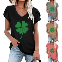 womens new summer casual loose top four leaf clover print fashion sexy v neck petal short sleeve pullover plus size t shirt