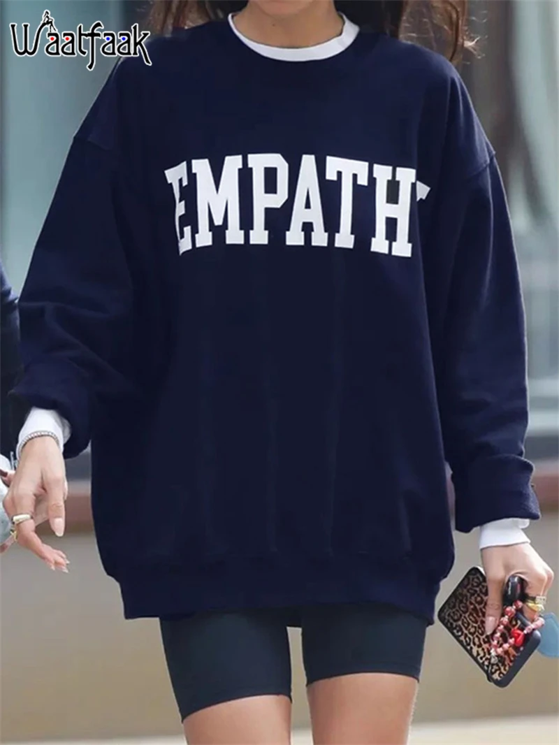 

Waatfaak Autumn Winter Casual Sweatshirt Women Loose Letter Printed Blue Crewneck Streetwear Pullover Hoodie Long Sleeve Top 90S