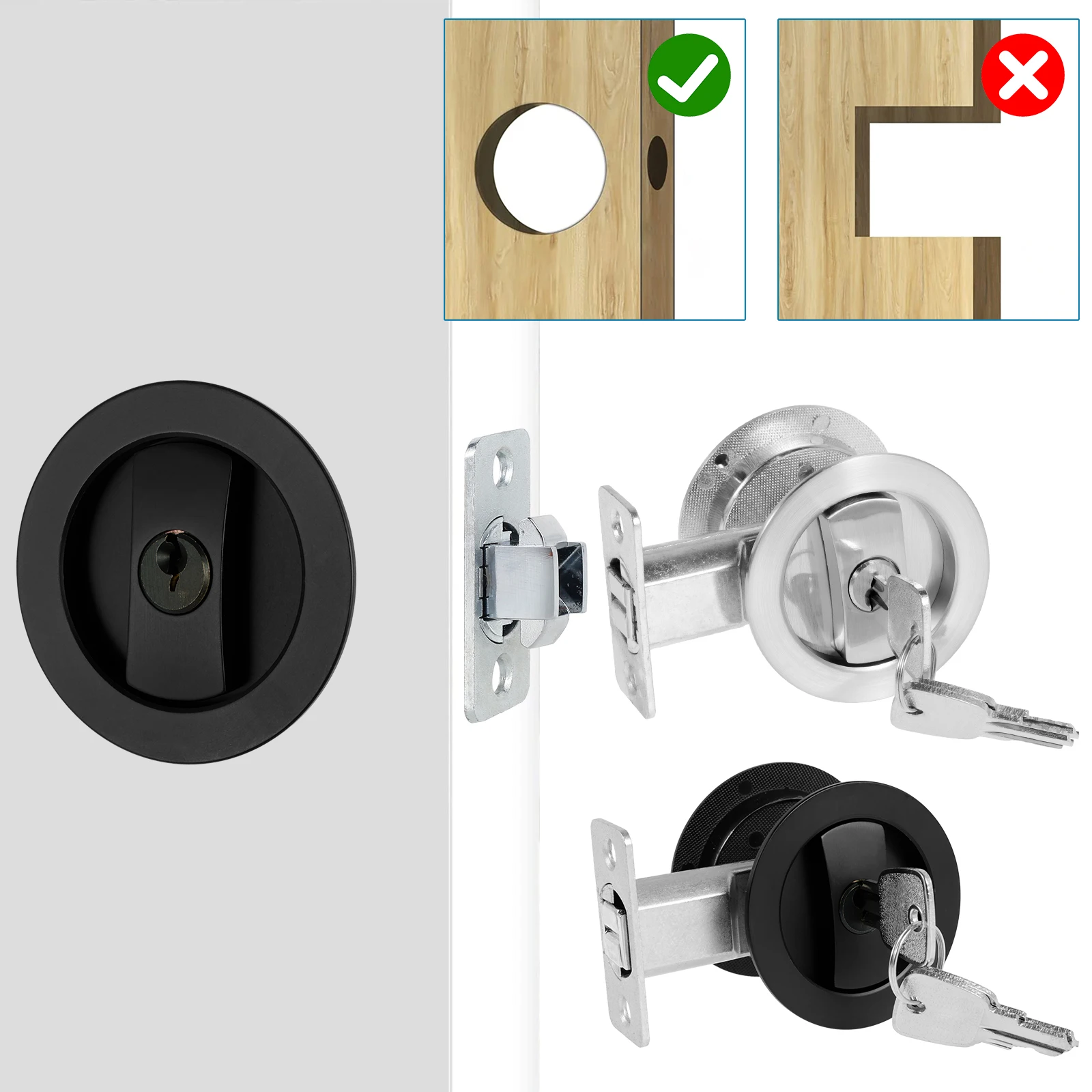 

Bed/Bath Pocket Door Lock and Pull Round Privacy Door Lock with Key Recessed 2 Sided Invisible Sliding Door Locks Hardware for 1