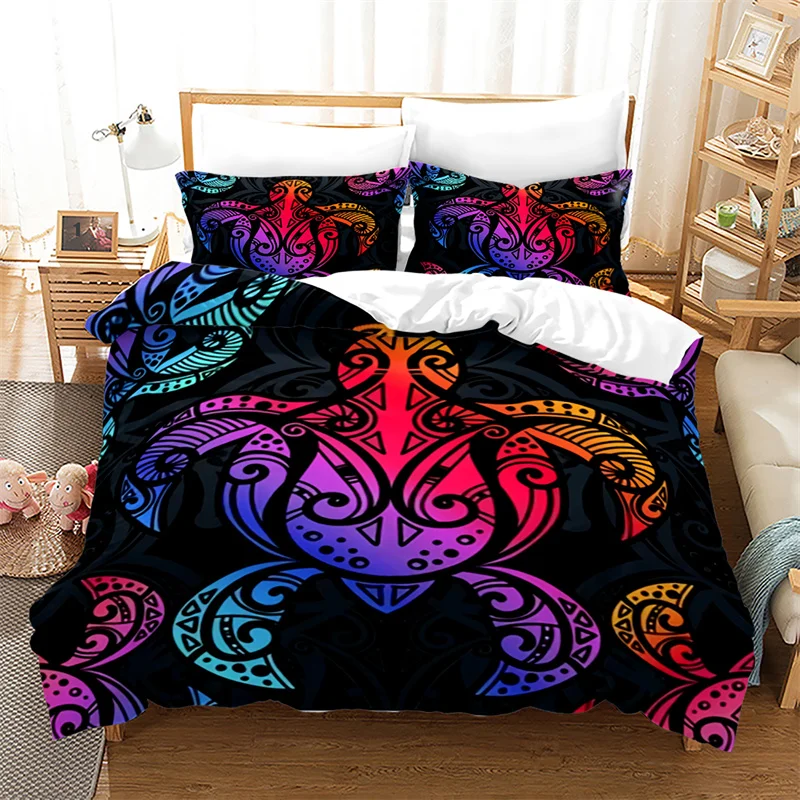 

Kawaii Sea Animal Comforter Cover Bohemia Tattoo Style Ocean Theme Bedding Set Exotic Turtle Duvet Cover Full King Microfiber