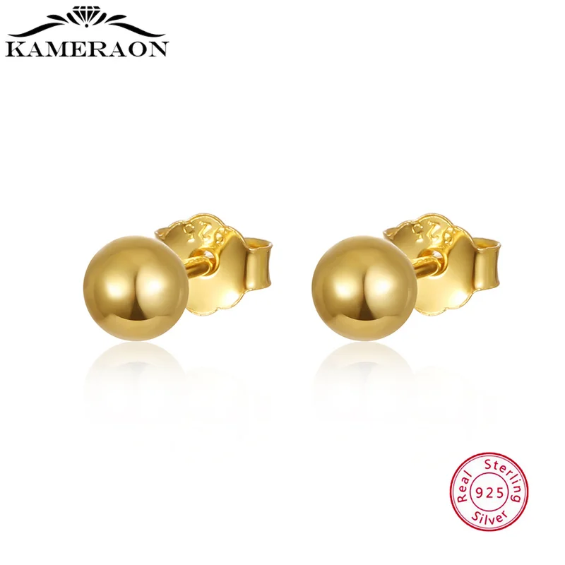 2/3/4/5/6 мм, 100% Настоящее серебро 925 пробы, маленькие милые позолоченные серьги-гвоздики с шариком, Простые Ювелирные изделия для женщин и девочек, штабелируемые