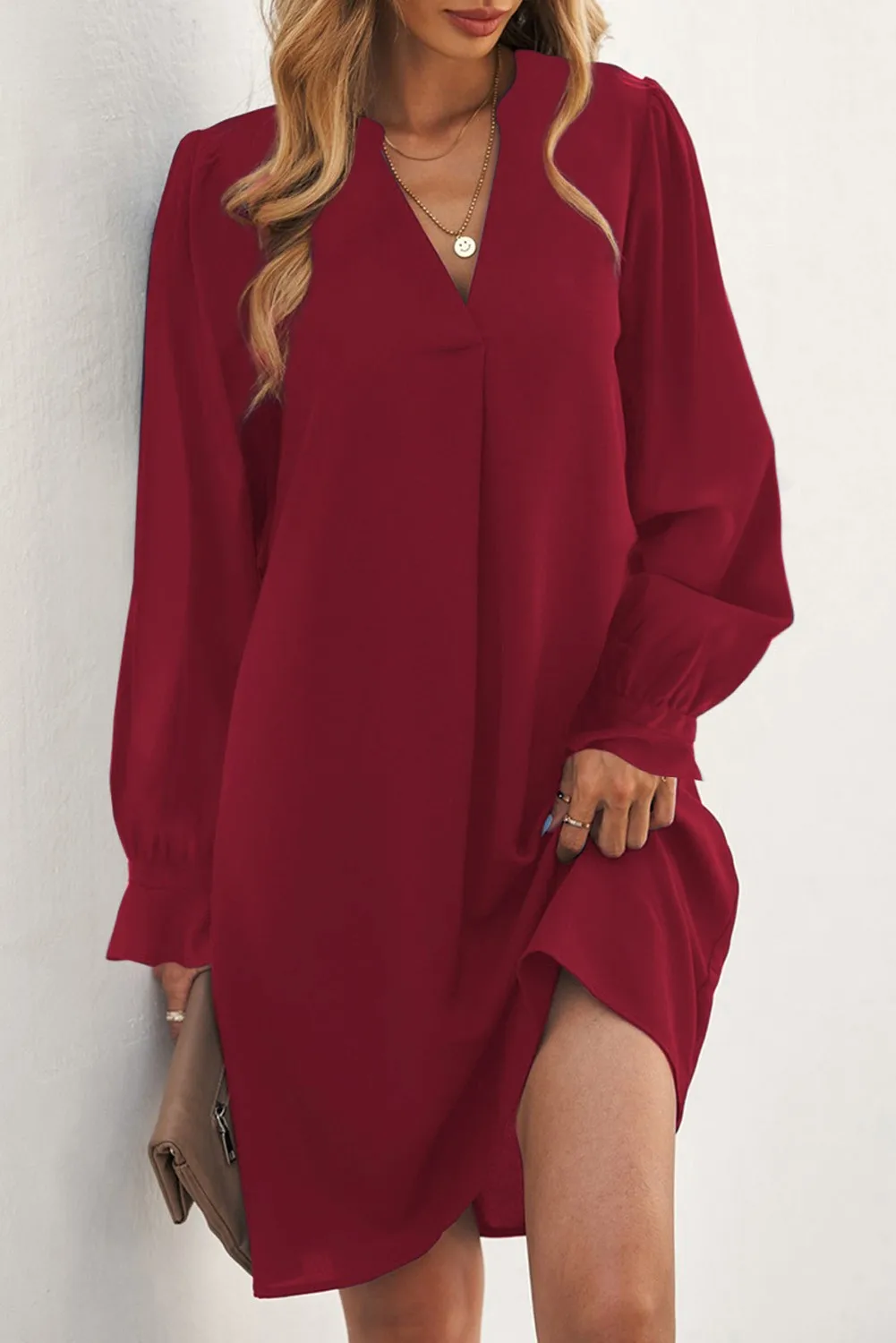 

2023 V Neck Ruffle Sleeve Solid Loose Dress
