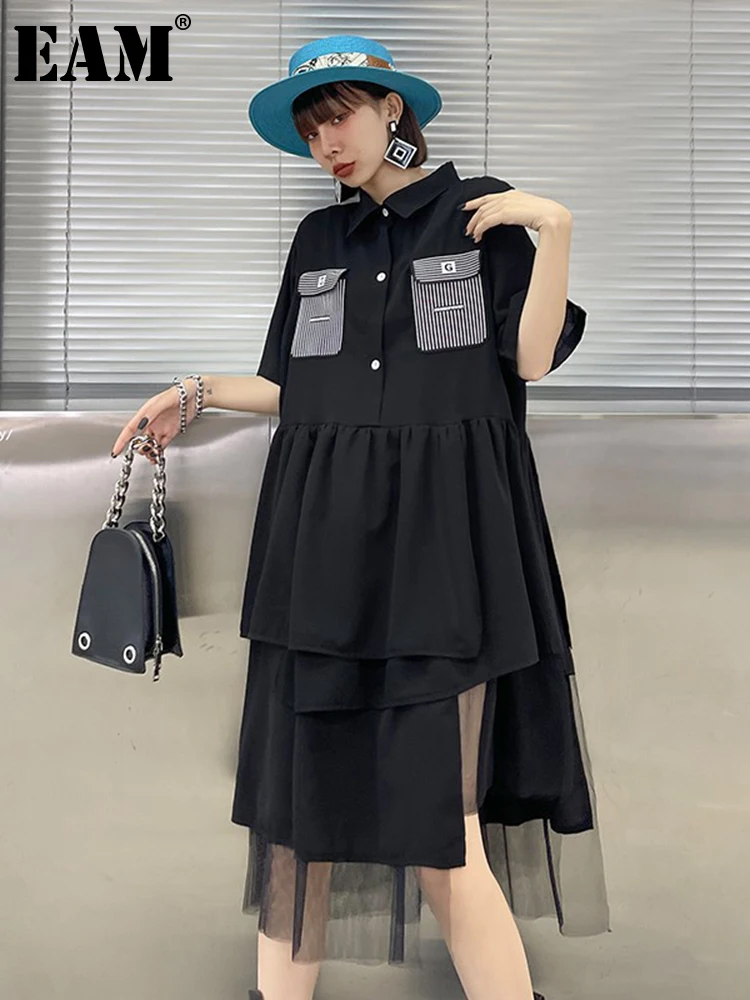 

[EAM] женское черное асимметричное Сетчатое платье-рубашка большого размера, новинка, с отворотом, с коротким рукавом, свободное, модное, весна-лето 2023 1DF6897