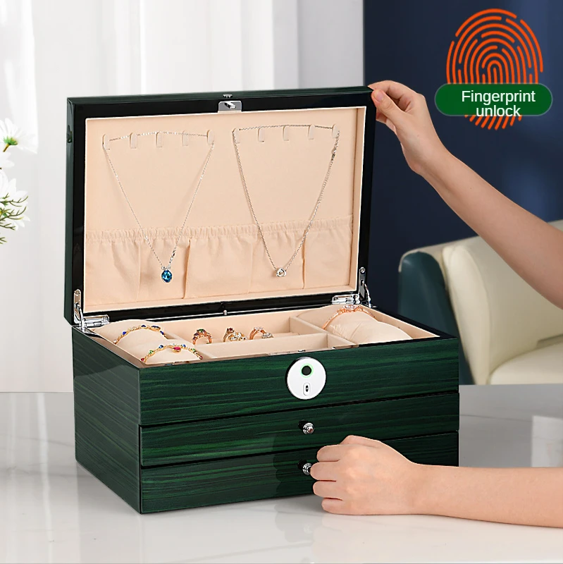 Luxury Fingerprint Multi Layer Jewelry Storage Box Large Capacity Password Lock Wood Jewelry Storage Box Organizer for Girl Gift
