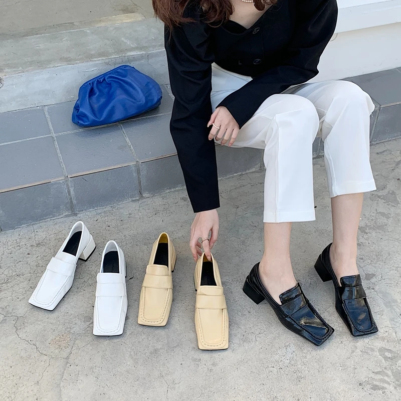 Womens Casual Loafer Simple Style Square Head Small Leather Shoes British Wind Small Square With Comfort Single Shoes