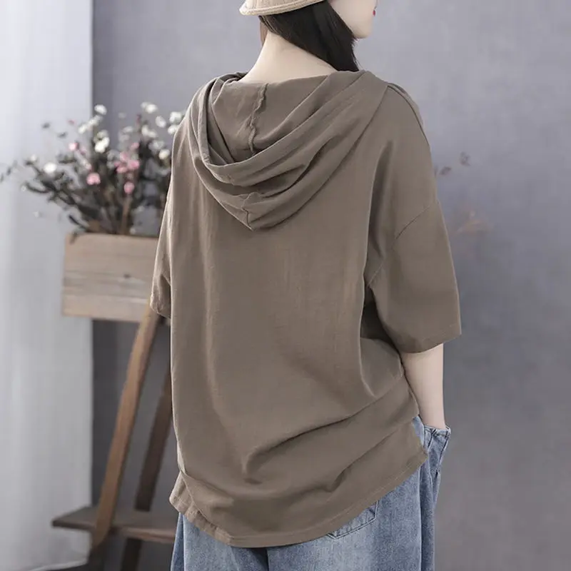 Short-sleeved Cotton T-shirt Women's  Summer New Style 2022 Loose Casual Printing Hooded Bottoming Shirt Tops Women