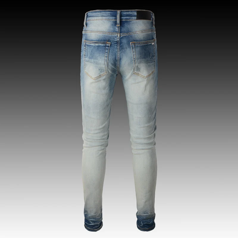 Fashion Designer Men Jeans Retro Light Blue Elastic Stretch Slim Ripped Jeans Men Streetwear Hip Hop Brand Printed Denim Pants