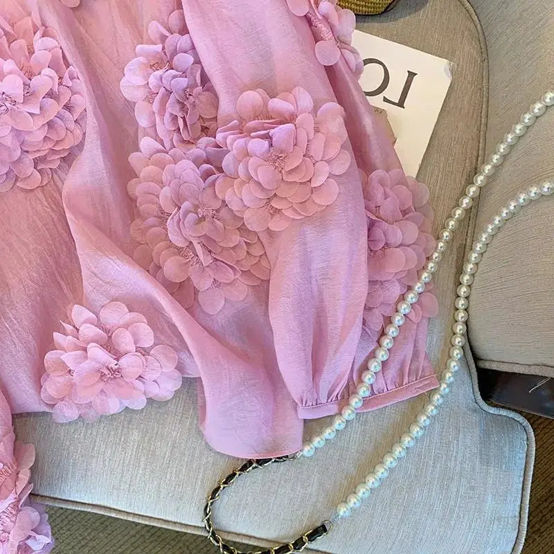 Женские рубашки шикарные розовые с трехмерными цветами Новинка весенне-летние