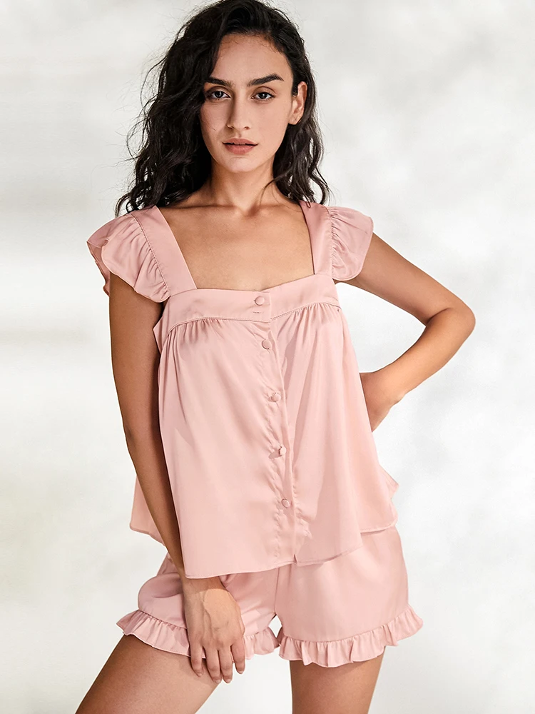 

Пижама женская с оборками, квадратным вырезом и шортами