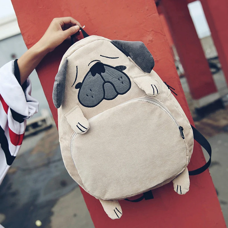 

Cute Pug Dog Corduroy Backpacks for Women Japan Style Fox Embroidery School Bags for Teenage Girls Large Travel Mochila Female