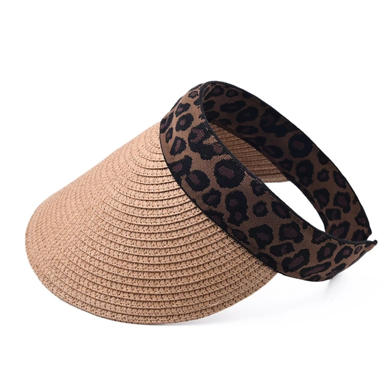 

Модная летняя винтажная шляпа от солнца с леопардовым принтом, пляжная шляпа с козырьком, соломенная шляпа с пустым верхом, универсальная ш...