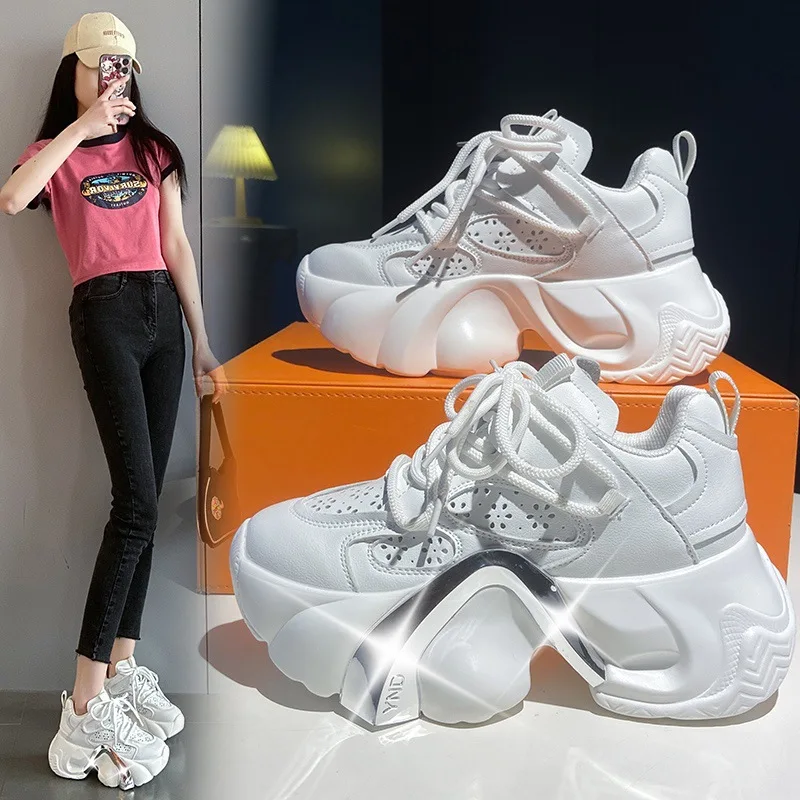 Summer Shiny Sequins Chunky Platform Sneakers Women Breathable Lace Up Height Increase Shoes Woman Fashion Cute Pink Sneakers