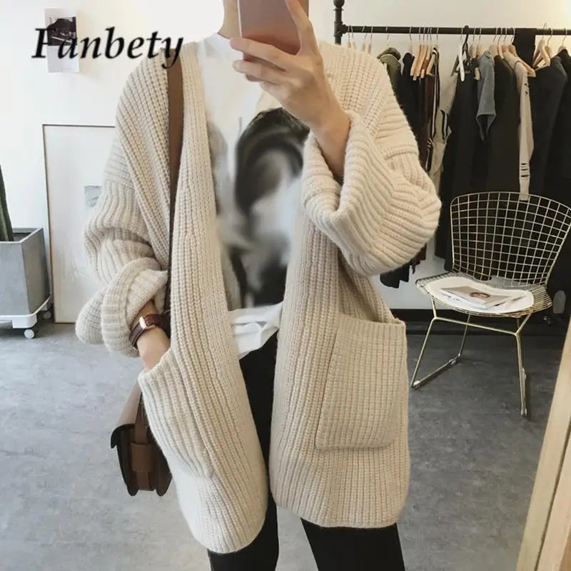 

Autumn Winter Long Sleeves Big Pocket Midi Coats Korean Casual Ladies Knitted Cardigan Sweater Simple Solid Color Loose Jackets