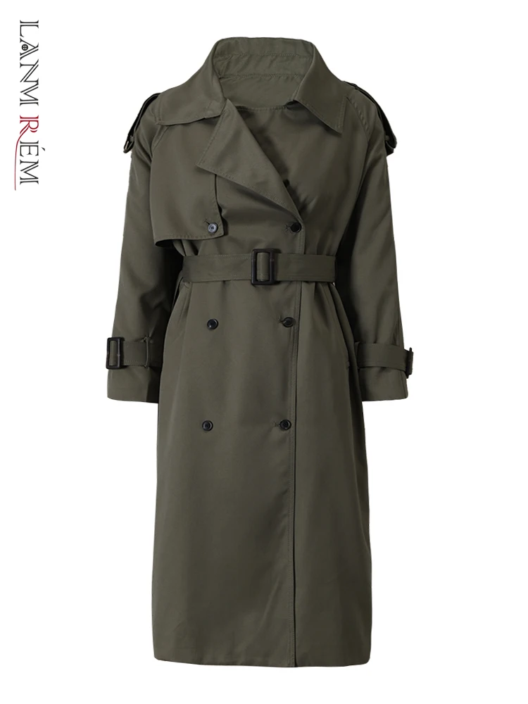 

LANMREM Long Trench Coat For Women Solid Color Lapel Double Breasted Loose Fashion Belt Windbreaker 2023 Spring New 2RA6015